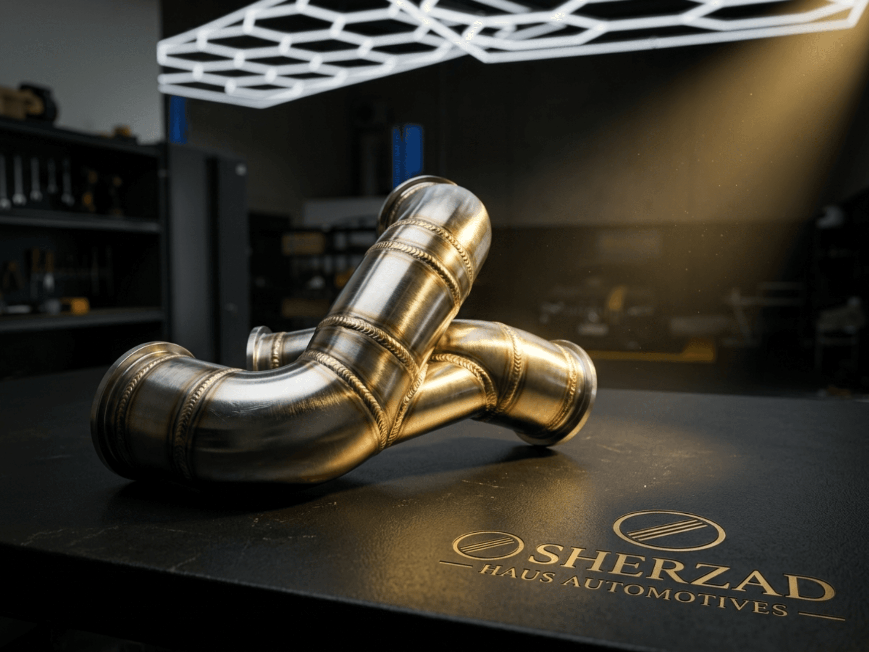 TIG welding titanium downpipe at Sherzad Haus workshop